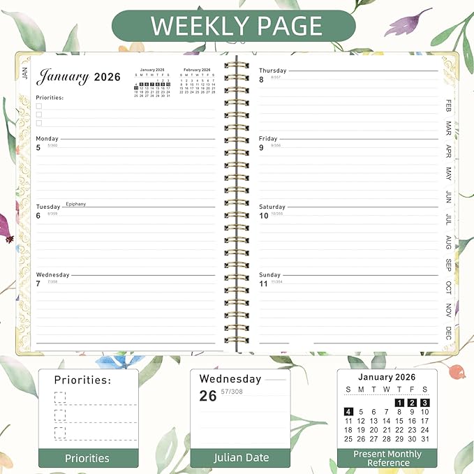 2026 Monthly Planner, Jan.2026 - Dec.2026 Weekly Monthly Planner 6.25"x8.5" with Page Tabs, Calendar Hardcover with Inner Pocket, Elastic Band, Twin-Wire Binding, Bookmark, Colored Flower