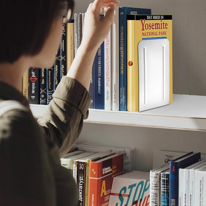 Acrimet Bookends for Shelves, Non-Skid Book Holder, Heavy Duty Book Stopper, Steel Metal Book Ends Storage for Home, Library, 6 7/8" H x 4" W x 4 1/2" D (White) (1 Pair / 2 Pieces)