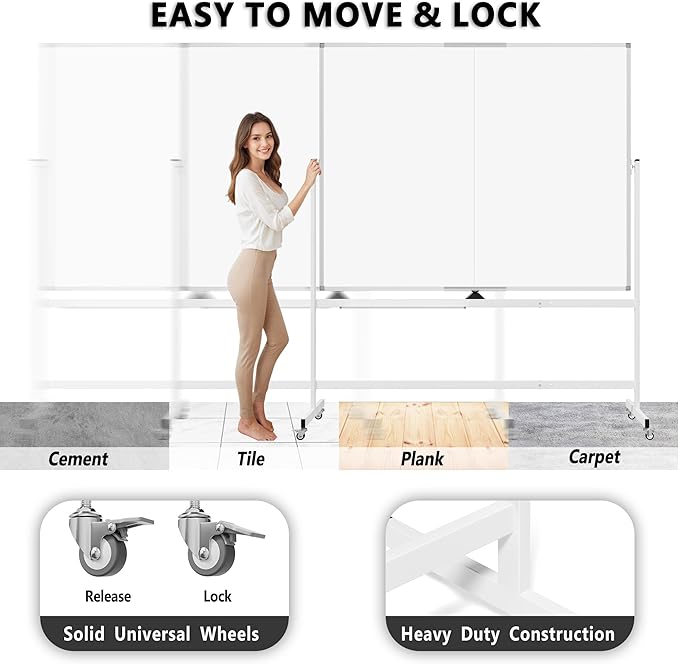 Large Rolling Whiteboard on Wheels, 60" x 48" Double-Sided Mobile White Board with Stand, 5' x 4' Portable Standing Magnetic Dry Erase Board Easel for Home Office Classroom School, Silver