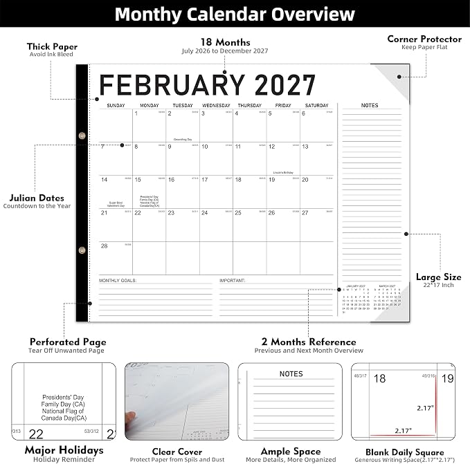 Tcamp Desk Calendar 2026-2027 Large 22 x 17 Inches from July 2026 to December 2027, 18 Months Extra Large Desktop Monthly Calendar Pad for Home School Office