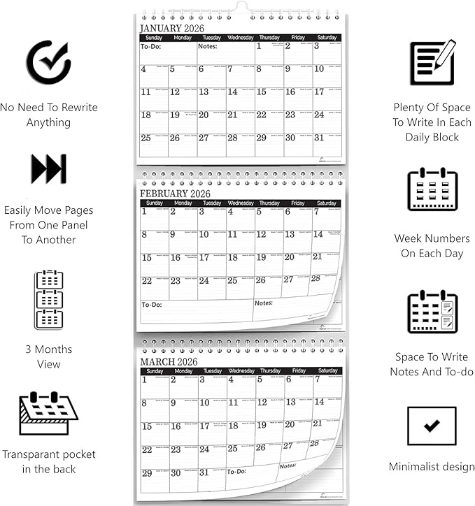 3 Month Calendar 2026-2027, Move-a-Page, Monthly, Vertical, January 26 - December 27, 11x25 In, Big Ruled Daily Blocks, Julian Days, Week Number, Minimalist, Busy Families, Office