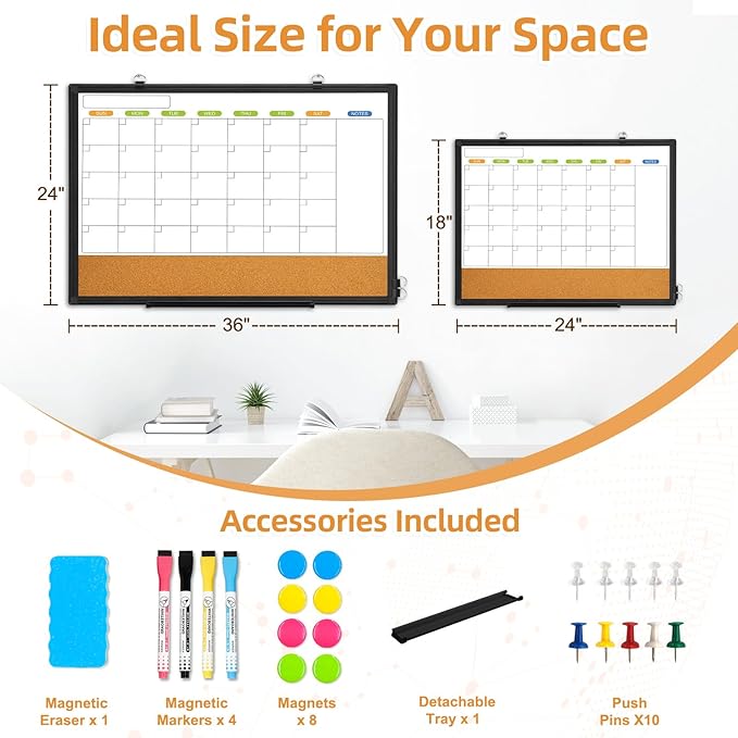 Dry Erase Calendar Whiteboard for Wall, WALGLASS 24" x 18" Double-Sided Monthly Calendar White Board Cork Combo, Black Aluminum Frame Hanging Wall Mounted Bulletin Corkboards for Home, Office, School