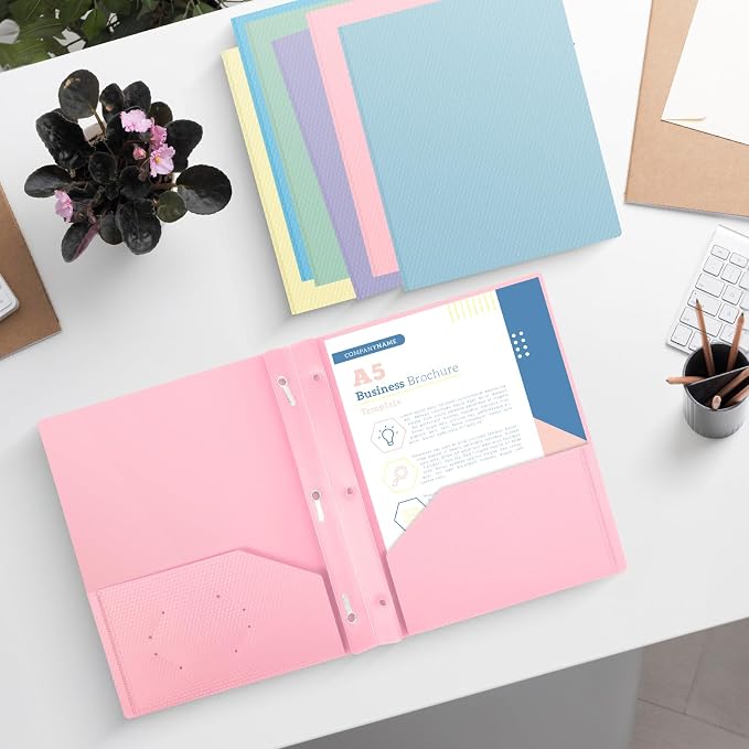 60-Pack Plastic andPockets and Prongs,2-Pocket and3 Fasteners, Pastel Folders Holds US Letter Size Paper for School/Office/Home, Pink
