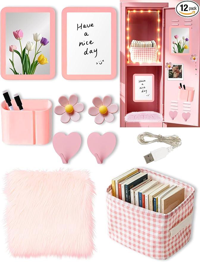 12 Pcs Pink Locker Accessories Kit Locker Organizer for Girls, Magnetic Whiteboard Magnet Mirror Rug Pen Holder Basket Hook String Light, Back to School Locker Kit for School Locker Decor Office