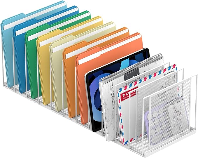 Desk File Organizer, 11 Section Vertical Metal File Organizer for Desk, Desktop File Organizer Stand, Paper Folder Organizer for Office Home Classroom Storage (White, 11 Section)