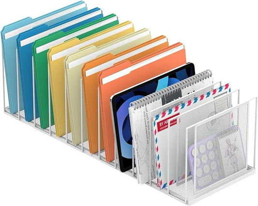 Desk File Organizer, 11 Section Vertical Metal File Organizer for Desk, Desktop File Organizer Stand, Paper Folder Organizer for Office Home Classroom Storage (White, 11 Section)