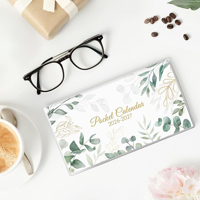 Pocket Calendar 2026-2027 for Purse, 2026-2027 Pocket Planner 24 Months with Soft Waterproof Cover and Premium Paper, 6.5" x 3.5", Leaf