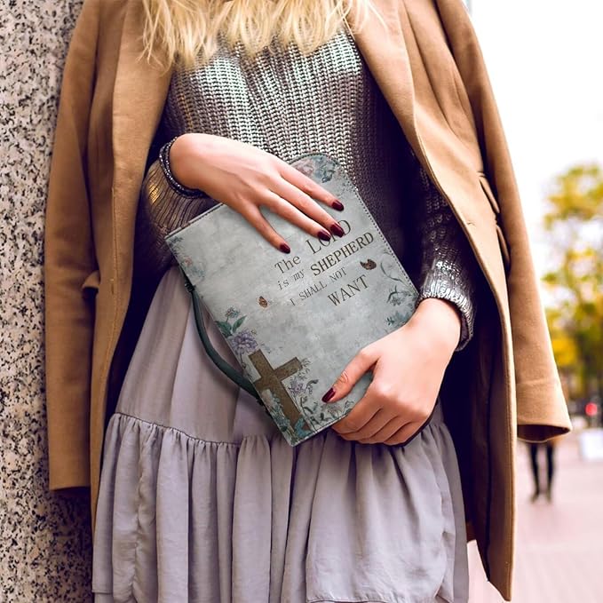 Vintage Style Floral and Cross Bible Case with Bookmark Waterproof Bible Cover Case for Women Lightweight Bible Bag with Handle Pockets Church Book Bag Grey