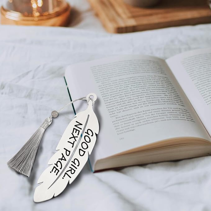 Good Girl Next Page Funny Bookmark for Women, Book Lover Gift for Teen Girls, Sisters & Best Friends, Cute Reading Humor Metal Feather Bookmark with Tassel Silver VBK221