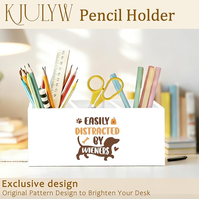 Funny Dachshund Pen Holder for Desk, Weiner Dog Gifts for Women Men, Easily Distracted by Wieners Wooden Box Pencil Pen Holder Organizer for Home Office Desk Accessories