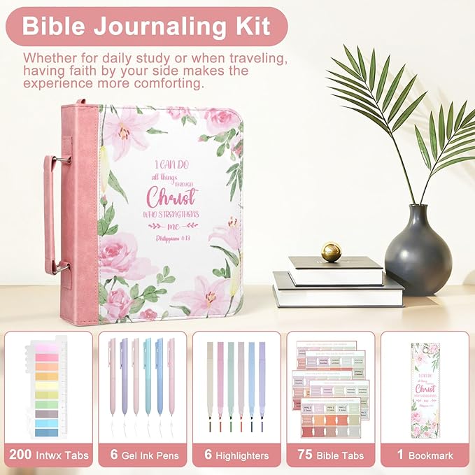 Bible Cover Case for Women PU Leather Bible Bag, Portable Holder Carrying Case with Study Supplies Storage, Christian Church Bag, Bible Journaling Kit Christian Gifts for Women and Girl (Pink)