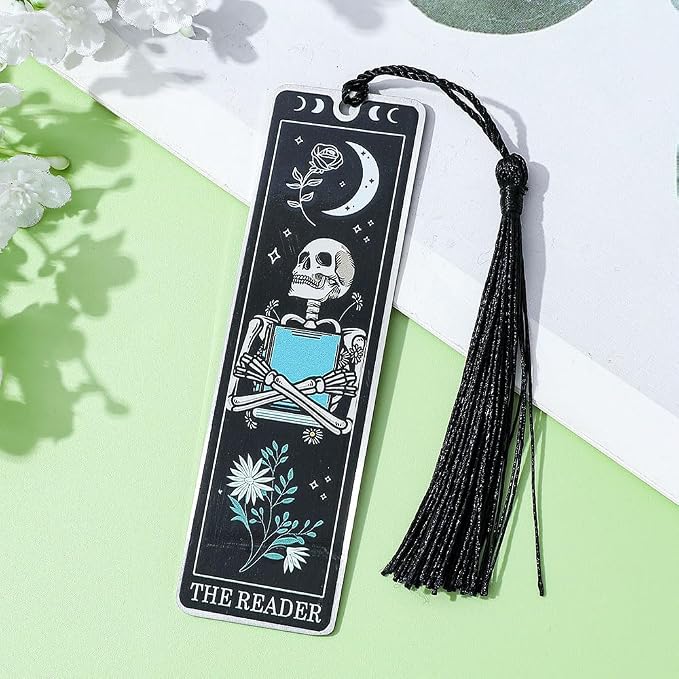 3Pcs Unique Skull Reader Bookmark - Metal Bookmark with Black Tassel, Star and Rose Pattern, Engraved “THE Reader” for Dark Gothic Lovers, Women Readers Fantasy Gift Gothic Gift (Black Skull Reader)