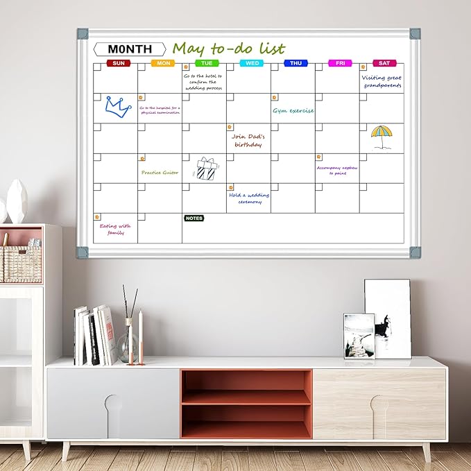 Magnetic White Board Calendar Dry Erase for Wall 48" x 36", Monthly Calendar Whiteboard Dry Erase Board Wall Mounted Board, Colorful Calendar Board for Office, School, Home, Kitchen,Store
