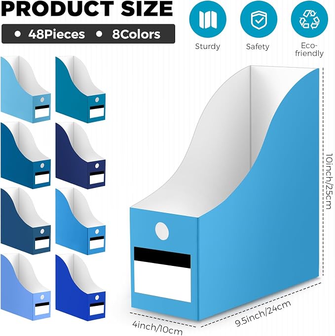 Jutom 48 Sets Magazine File Holders Foldable Cardboard Magazine Holder with White Label Stickers Desktop File Storage Box for Office Home Classroom Desk Document Organization(Blue)