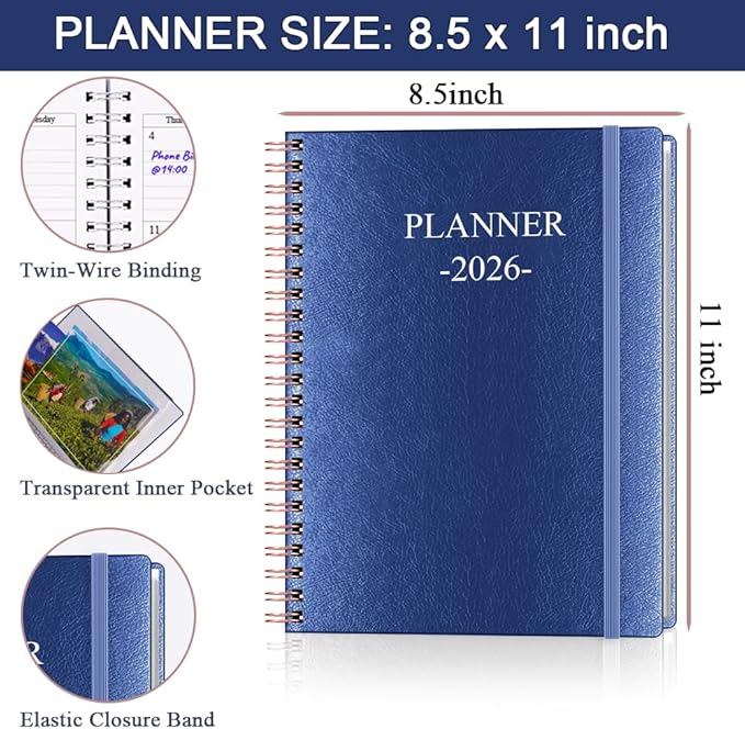 Planner 2026 - Weekly & Monthly Planner Runs from January 2026 to December 2026, 8.5 x 11", 12 Month Tabs, Inner Pocket, PU Leather Cover with Twin-Wire Binding, Monthly Planners 2026, Blue