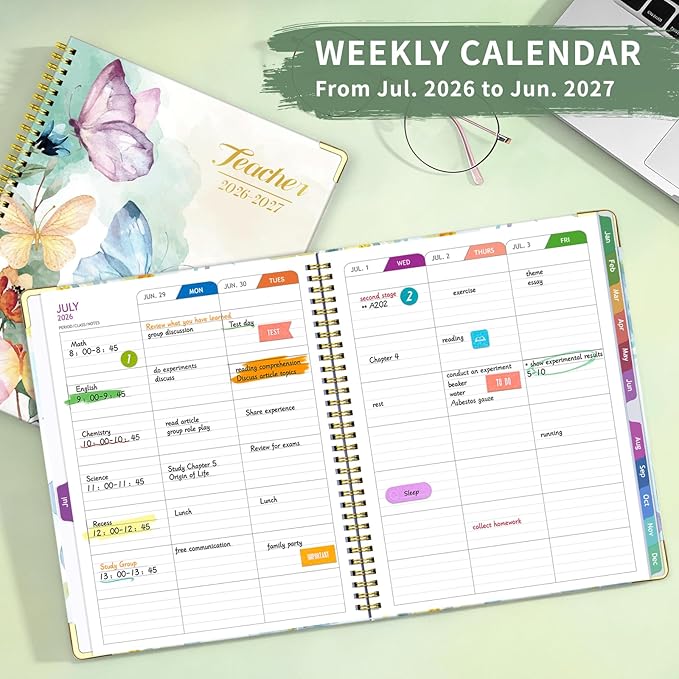 Teacher Planner 2026-2027, July 2026 to June 2027 Academic Year, 8.5" x 11" Lesson Planner Book for Teachers with Colorful Tabs, Teacher Calendar for Classroom or Homeschool, Hardcover, Butterfly