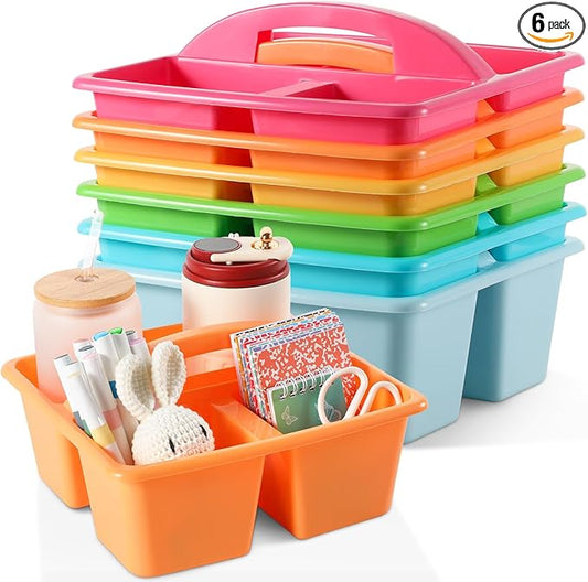 6 Pack 3 Compartment Small Caddy Plastic Classroom Organizer with Handle Portable Teacher Supply Storage Caddy Craft Art Caddies for Pencil, Crayon, Marker, Home, Office, School Supplies(Multicolored)
