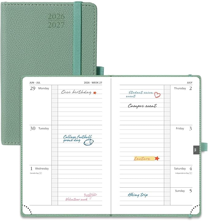 POPRUN 2026-2027 Pocket Weekly Planner Calendar, Size 4'' x 6.25'', Academic Planner (Jul 2026 - Jun 2027) Horizontal Layout with Lined Sections, Leather Hardcover, 100GSM Paper - Army Green