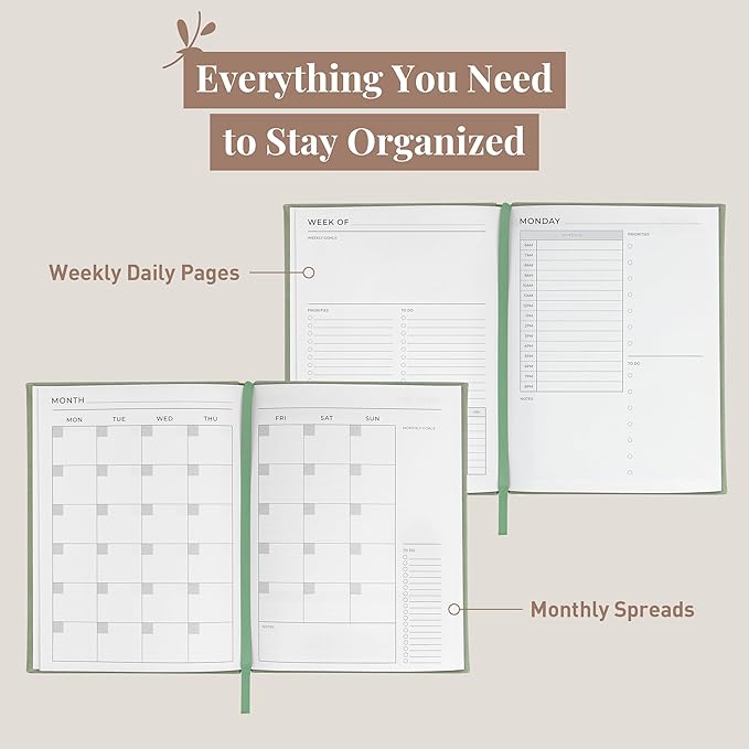 Rileys & Co Undated Daily Planner 8 x 6 in, Day Schedule Planner & Agenda Book, Journal with Goal & Habit Tracker, No Dates Dateless Annual Organizer for Work, School & Home - Green