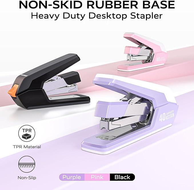 Effortless Stapler for Desk with 40-50 Sheet Capacity, 2000 Staples, 1-Touch Stapling, Ergonomic & Easy to Load Desktop Staplers, Heavy Duty Stapler, and Magnetic Staple Remover, Pink