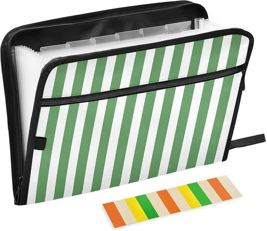 ALAZA Green White Striped 13 Pocket Expanding File Folder with Labels, Accordion File Folder File Organizer Letter A4 Paper for Office School Student