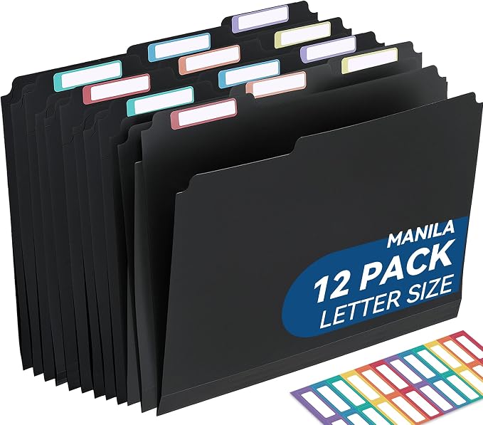 SortRax Plastic Manila Folders 8.5 x 11, 12 Pack, Poly Black File Folders, 1/3-Cut Tabs with Colorful Labels, Letter Size