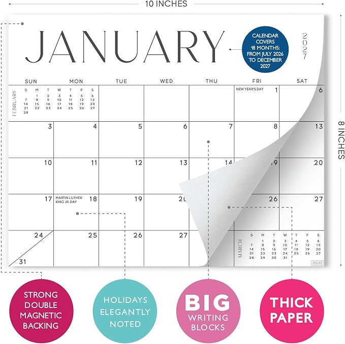 S&O Simple Magnetic Fridge Calendar from July 2026-December 2027 - Tear-Off Refrigerator Calendar to Track Events & Appointments - 18 Month Magnetic Planner for Fridge for Easy Planning-8"x10”in