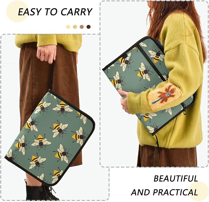 ALAZA Cute Bee Expanding File Folder, 13 Pockets Expandable Document Organizer Folder with Zipper Closure for Home Office A4 Letter Size Paper Document