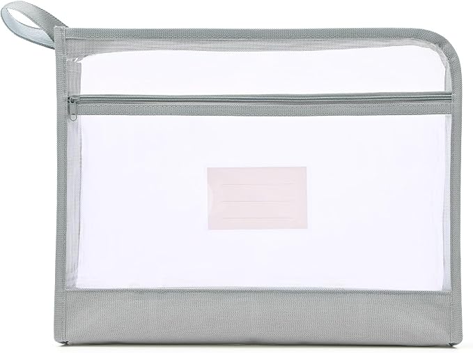 Mesh Zipper Pouch Bag with Handle, A4 Sized Double-Layer Clear Nylon Document Bags with Label, 14 x 10 in File Puzzle Storage Organizer for School Office Travel Supplies (Gray)