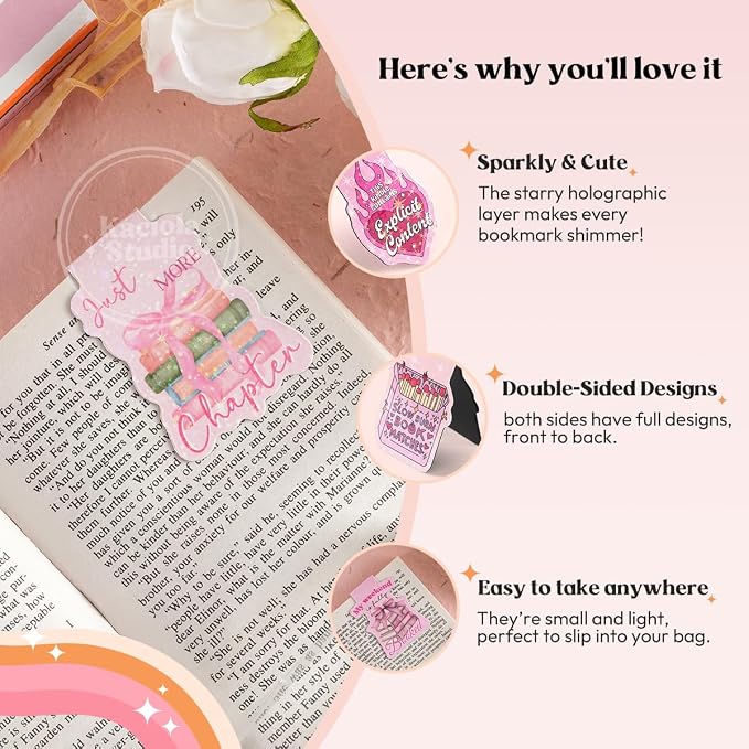 Kaciola Studio 12PCS Glittery Magnetic Bookmarks for Women, Pink Booklovers Theme Funny Magnetic Bookmarks, Magnets Cute Book Marks for Book Lovers Gifts, Cute Gifts for Booklovers Reader Girls
