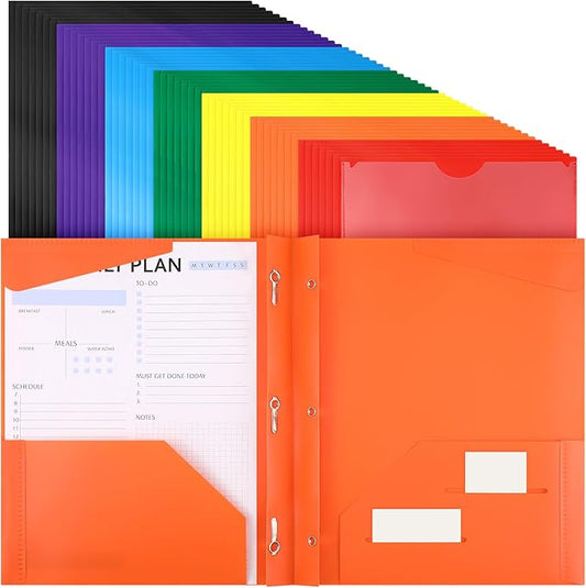 Tenceur 48 Pack Plastic Folders with 3 Prongs Bulk Heavy Duty Folders with Clear Front Pockets and Card Slots with Fasteners Fit Letter-Size Papers for Work School Office (Light Colors)