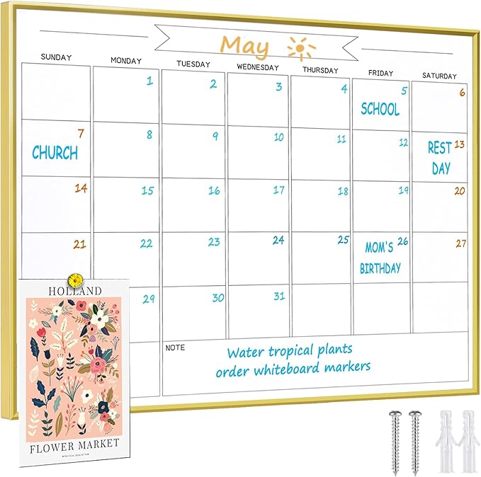 Dry Erase Monthly Calendar Whiteboard, 13"x 17" Gold Aluminum Frame, Magnetic White Board for Wall Office/School/Home, Hanging Board for Decoration/Kitchen Grocery List