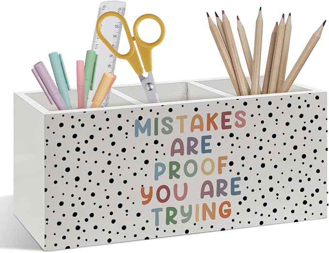 Inspirational Mental Health Pen Pencil Holder, Therapist Gifts for Women, Mistakes Are Proof That You Are Trying Wooden Pen Pencil Organizer for Classroom Therapy Counselor Office Desk Decor