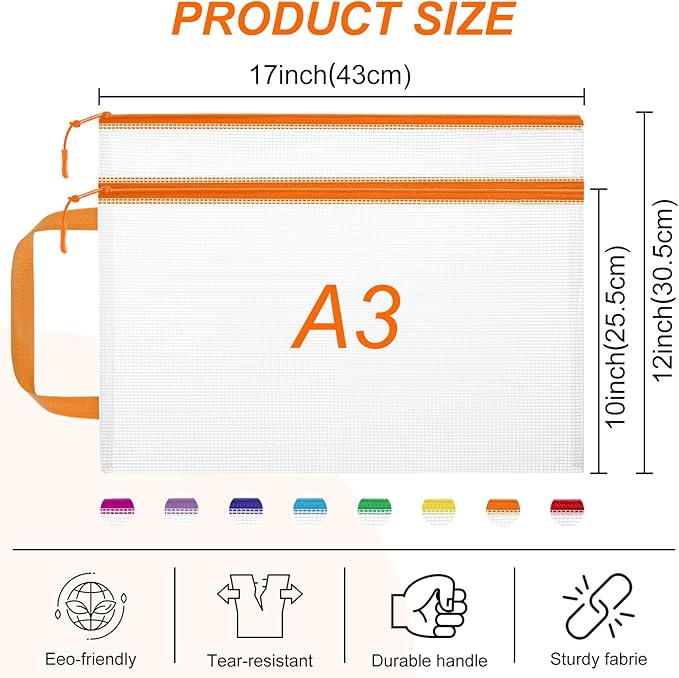 Double Layers Mesh Zipper Pouch Bags A3 (17x12 in, 24 Pcs) 8 Colors Extra Large Zipper Bags, Waterproof File Pouches for Puzzles Board Game Teacher School Classroom Office Supplies Travel Bag