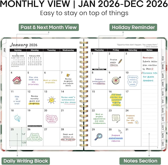 2026 Planner, Weekly and Monthly Calendar Planner Book, January 2026 - December 2026, Hardcover Spiral Planner with Monthly Tabs, Notes Pages, Perfect for Women & Men, A5 (6.4" x 8.5") - Blush Flower