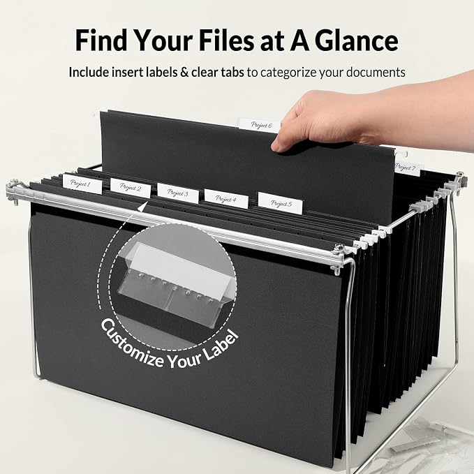 SUNEE Hanging File Folders Legal Size, Black File Folders 25 Pack 1/5-Cut Tabs, Stay Organized for Your Home and Office Bulk File and Documents