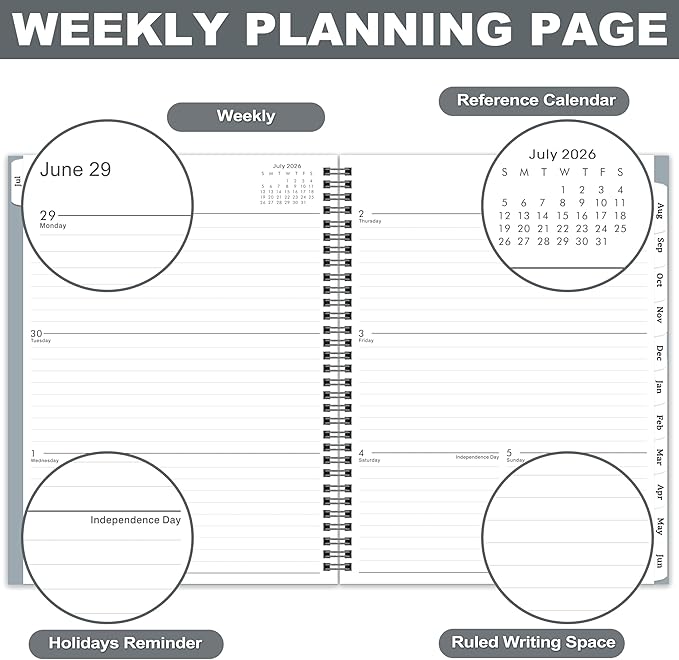 2026-2027 Planner - 2026-2027 Planner Weekl and Monthly from July 2026 to June 2027, Academic Planner with Spiral Bound, Inner Pocket, 8.5'' x 11'', Grey