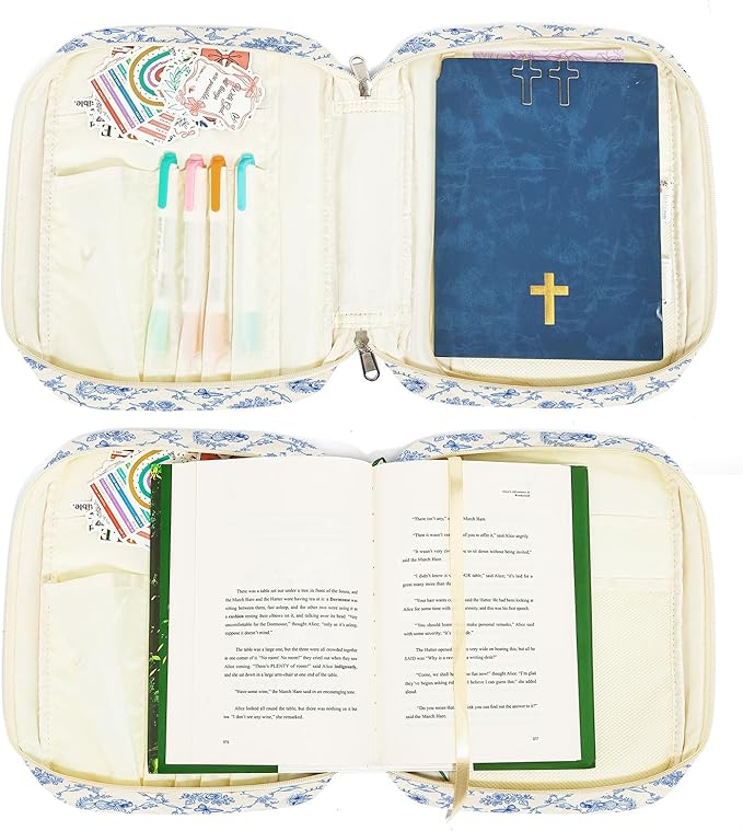 WOBAGMEN Bible Cover Case for Women,Large Bible Tote Bags Organizer Quilted Carrying Case for Girls,Bible Study Supplies Accessories Christian Gifts for Women (Vintage Blue, M)