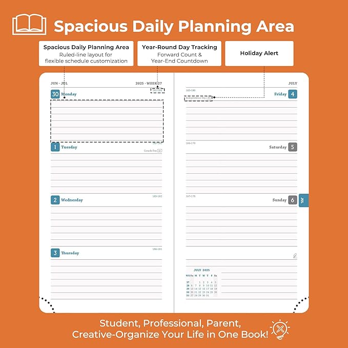 Weekly Monthly 2025-2026 Planner (July 25-Dec 26),6.5"x3.75",18 Months Agenda Plan with Month Tabs & Pocket,Expenses/Note Pages, Academic Calendar with Vegan Leather Cover,Orange