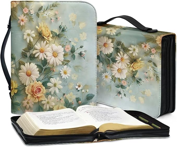Daisy Flower Print Bible Cover Case for Women Girls Study Supplies Accessories Christian Gifts Carrying Cases Book Protector with Durable Handle-XXL