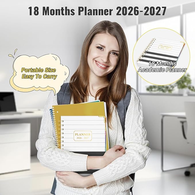 Daily Planner 2026-2027, 18 Month Planner with Tabs, January 2026 - June 2027 Weekly and Monthly Academic Year Calendar Spiral Time Management, 100GSM Thick Paper, Twin-Wire Binding, A5 Size, Black and white stripes