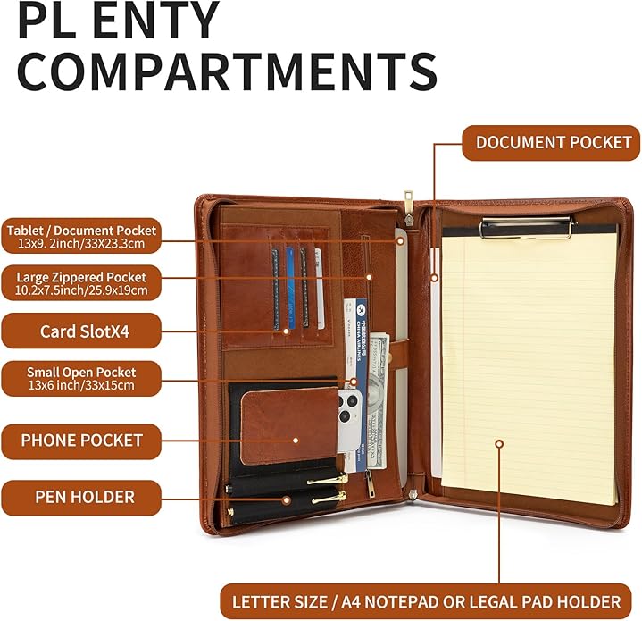 YIWEN Handmade Leather Portfolio with Handle – Zippered Front Pocket, Clip for Letter Size Notepad, Business Travel Padfolio