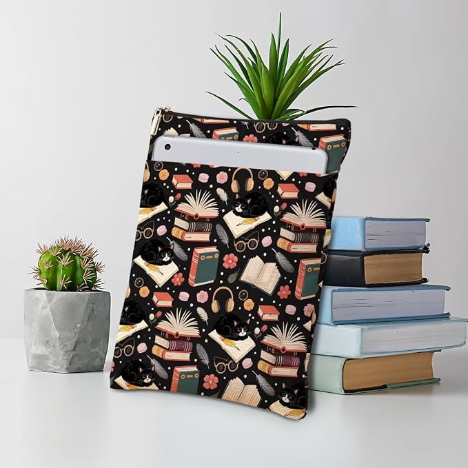Cute Cat Book Sleeve, Book Lovers Gifts Sleeve with Zipper & Front Pocket, 11.4x8.8 Inch Canvas Books Cover Protector Bookish Gift for Readers Librarian Women Teacher, Cat Lover Gifts for Women