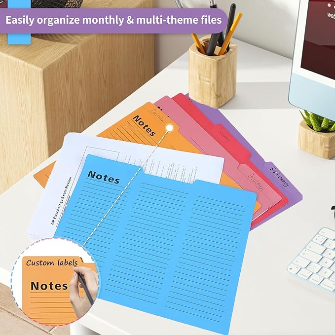 32PCS Colored File Folders, Notes Tabbed File Folders, File folders with tabs, Letter Size Lined, 1/3 Cut, 11.5 x 9.6 Inch, 8 Colors Document Storage for Home Office