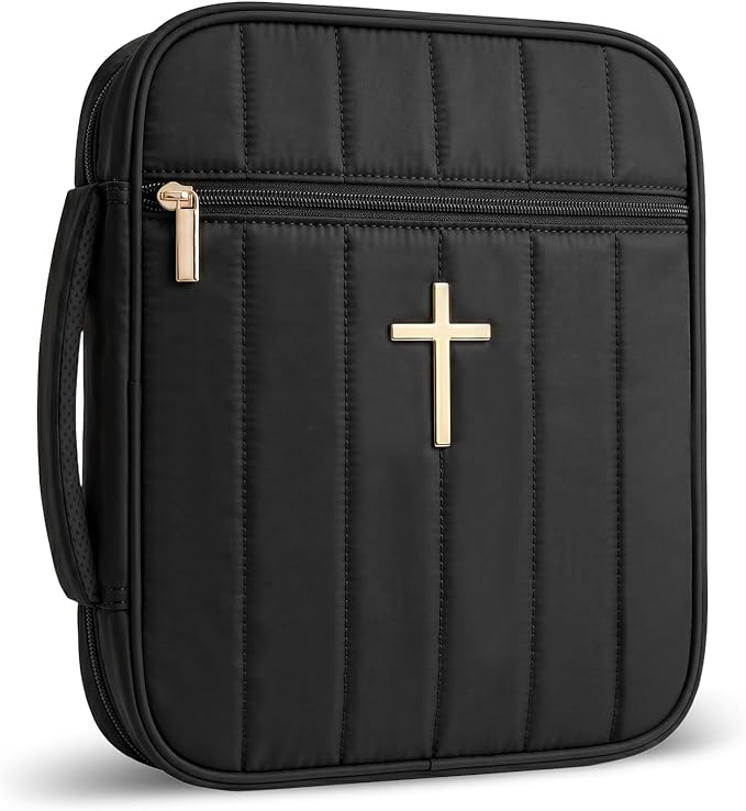 Wuflyover Bible Bag for Women, Quilted Bible Cover Case with Handle, Bible Carrying Case for Church and Bible Study, (Black)