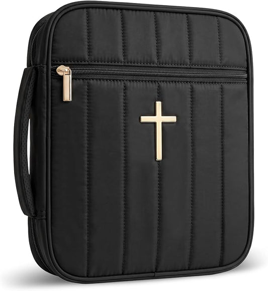 Wuflyover Bible Bag for Women, Quilted Bible Cover Case with Handle, Bible Carrying Case for Church and Bible Study, (Black)