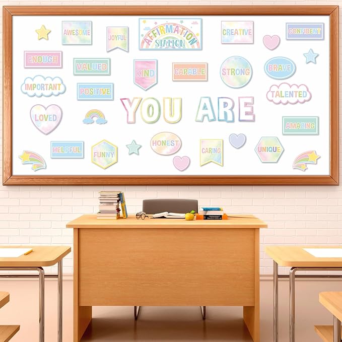 Pastel Affirmation Station Motivational Bulletin Board Set Pastel Rainbow Bulletin Board for Classroom Wall Decor Positive Affirmations Station Posters Mental Health Cutouts for Classroom Mirror Decor