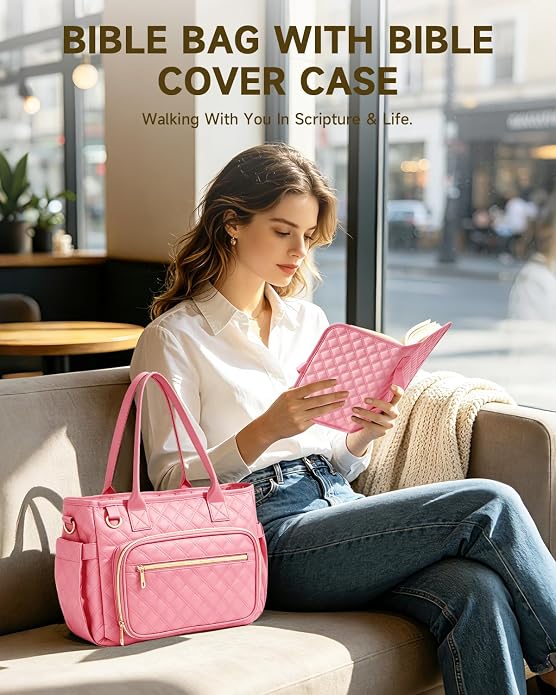 Bible Bag with Bible Cover Case for Women, Large Quilted Bible Tote Bag with Shoulder Strap
