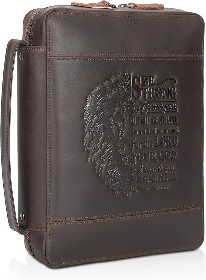 Polare Full Grain Leather Bible Cover Church Bag 10.5x7.75x2.25 inch Carrying Book Case Bible Protective with Handle and YKK Zipper Christian, Religious Gifts for Men Women