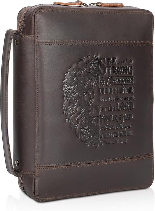 Polare Full Grain Leather Bible Cover Church Bag 10.5x7.75x2.25 inch Carrying Book Case Bible Protective with Handle and YKK Zipper Christian, Religious Gifts for Men Women